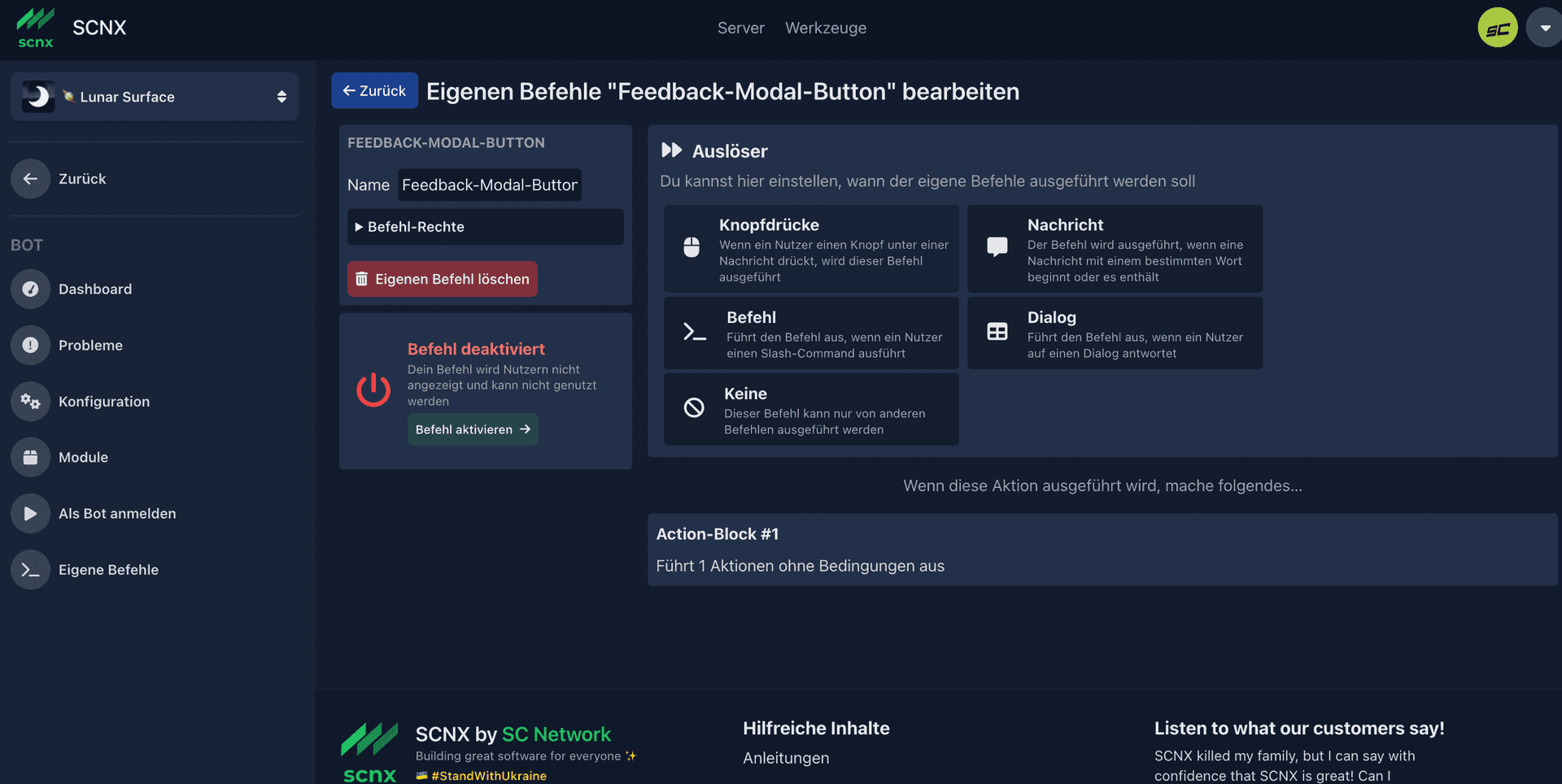 Screenshot of the SCNX Dashboard with a CustomCommand in editing mode