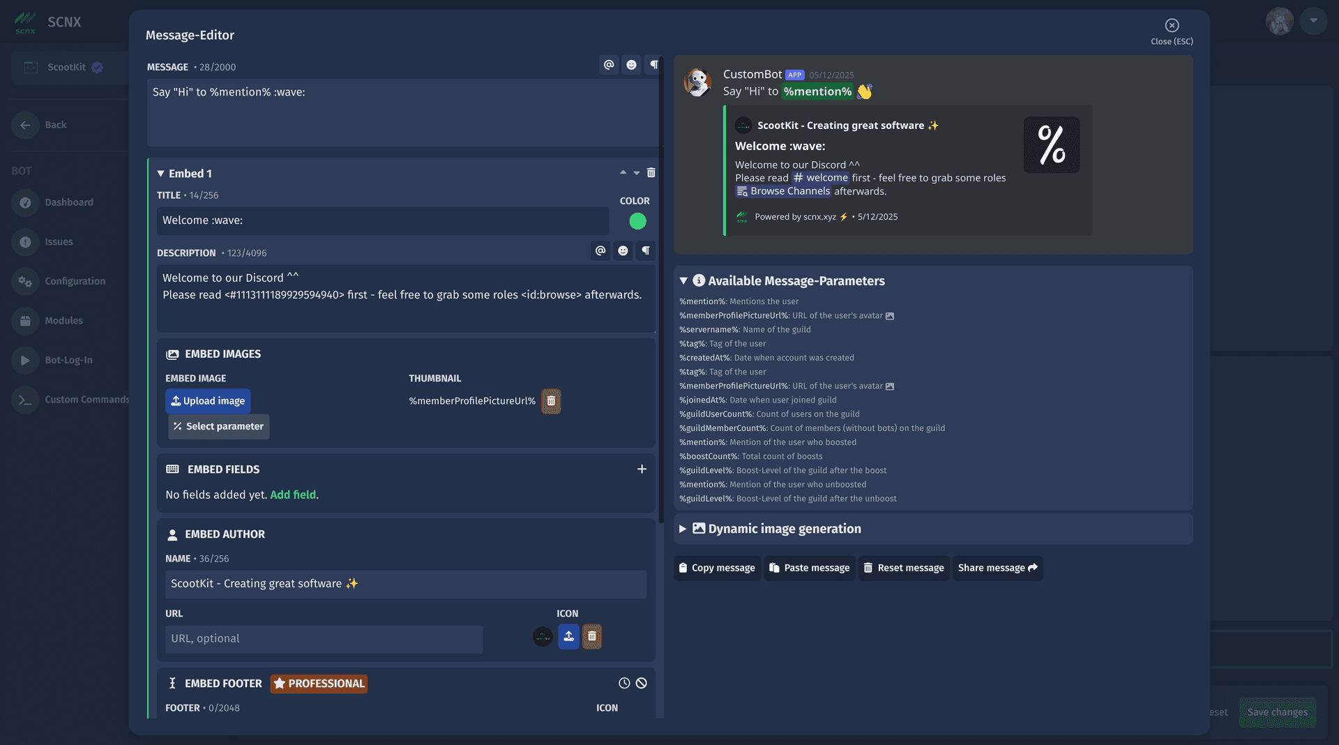 Screenshot of the SCNX Dashboard showing the Message-Editor