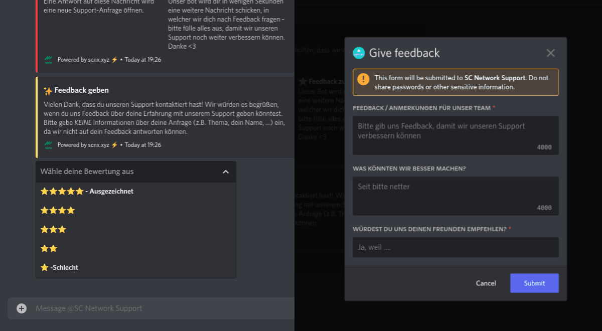 Screenshot of Discord showing a SCNX-Modmail-Bot using Feedback.