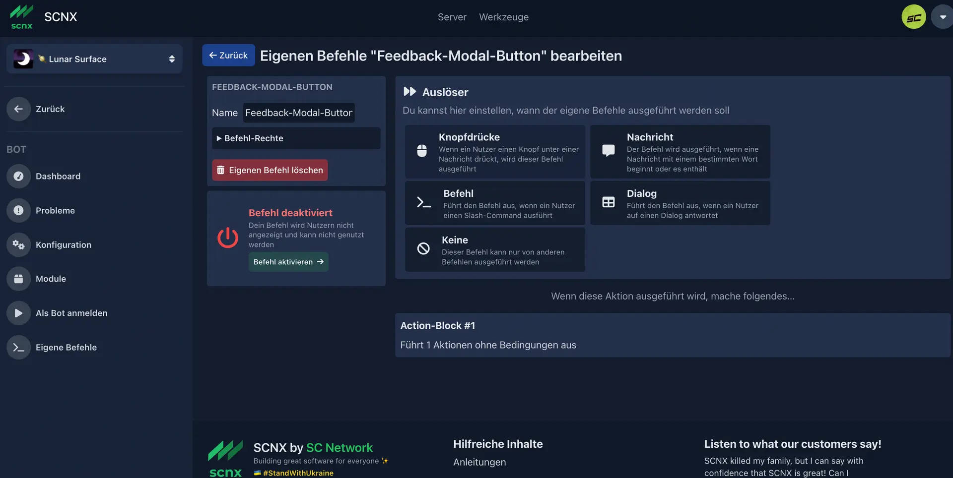 Screenshot of the SCNX Dashboard with a CustomCommand in editing mode