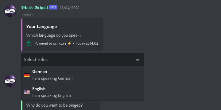 Bildschirmfoto von einer Nachricht mit Self-Role-Elements in Discord