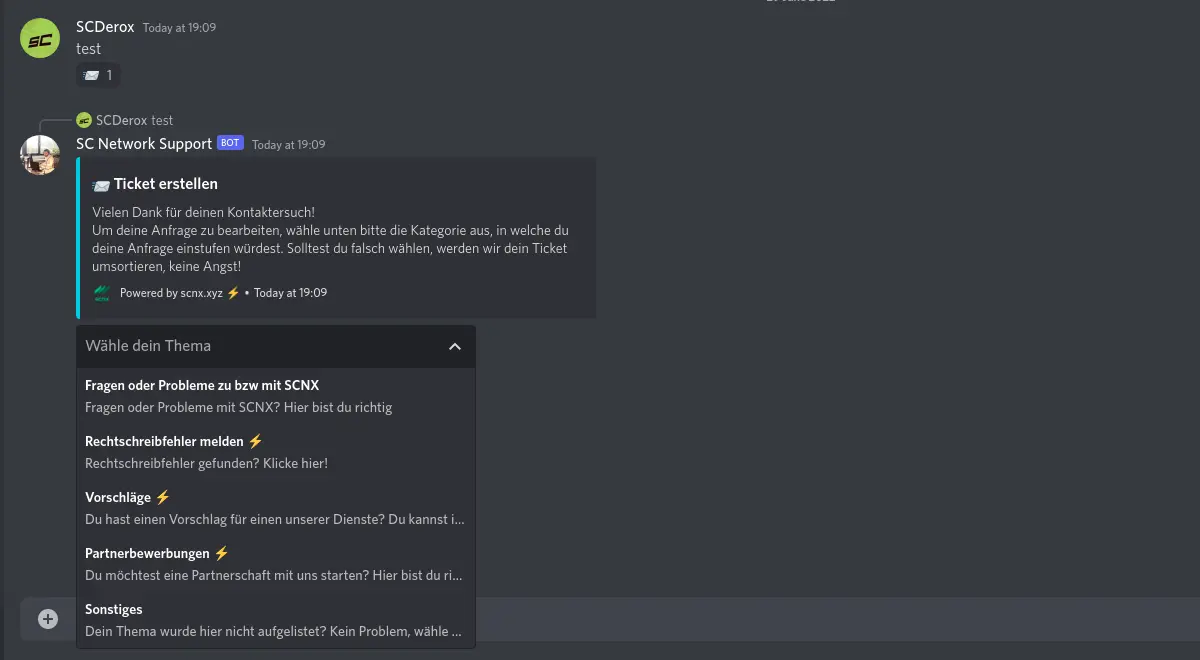 Screenshot of Discord showing a SCNX-Modmail-Bot using Ticket-Topics.