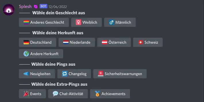 Bildschirmfoto von einer Nachricht mit Self-Role-Buttons in Discord