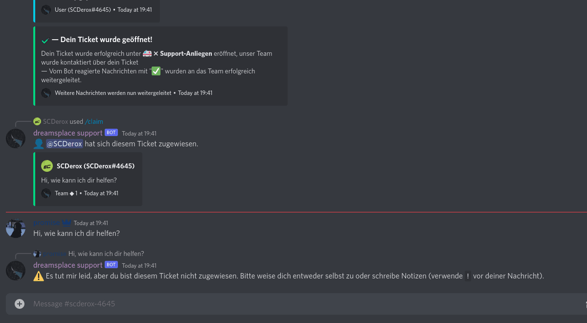 Screenshot of Discord showing a SCNX-Modmail-Bot using Claiming.
