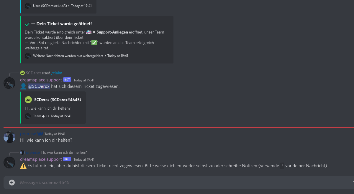 Screenshot von Discord, in welchem der SCNX-Modmail-Bot mit der Funktion Ticket-Zuweisungen zu sehen ist.