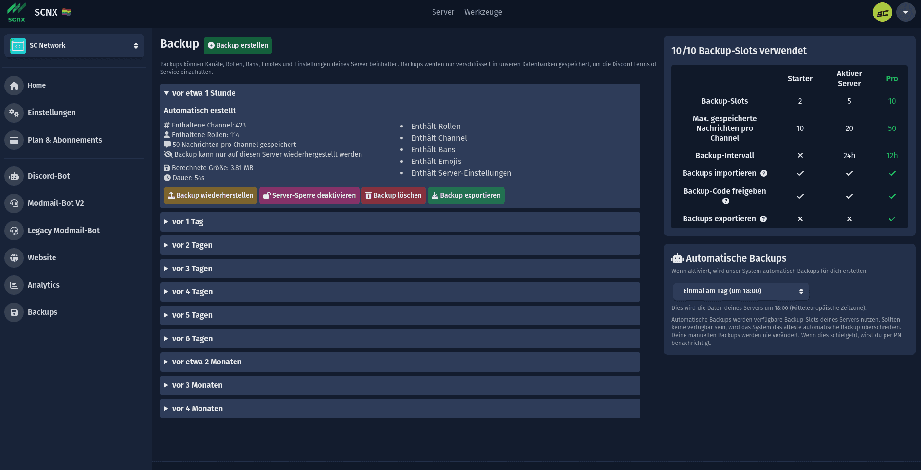 Screenshot des Backup-Interfaces in SCNX Dashboard